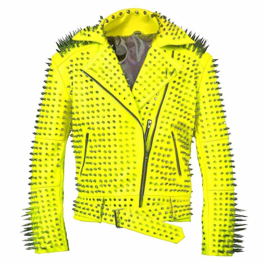 Men’s Yellow Brando Spiked Studded Leather Jacket-0
