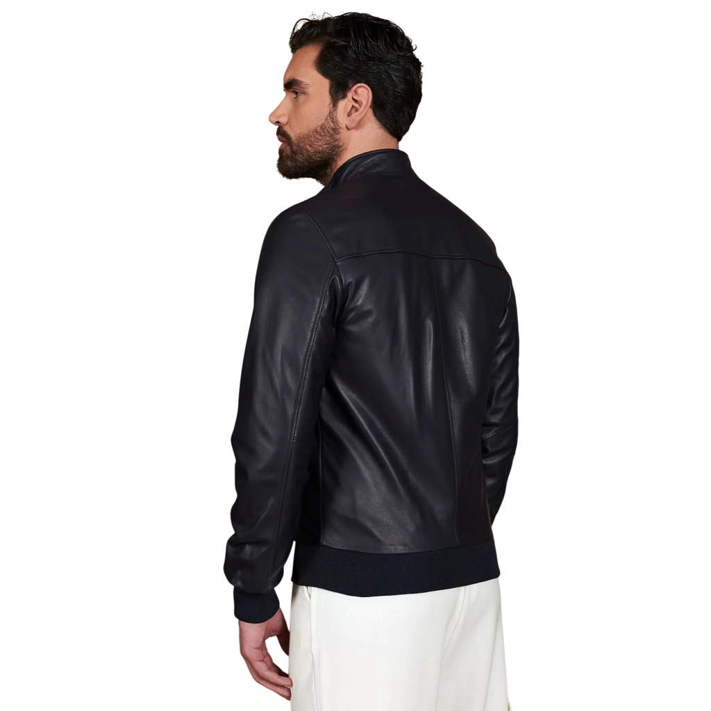 Men’s Blue Leather Bomber Jacket-3