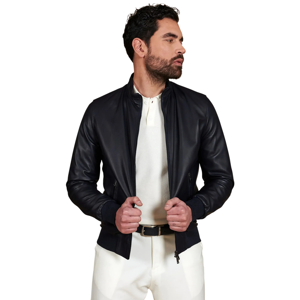 Men’s Blue Leather Bomber Jacket-0