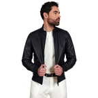 Men’s Blue Leather Bomber Jacket-0