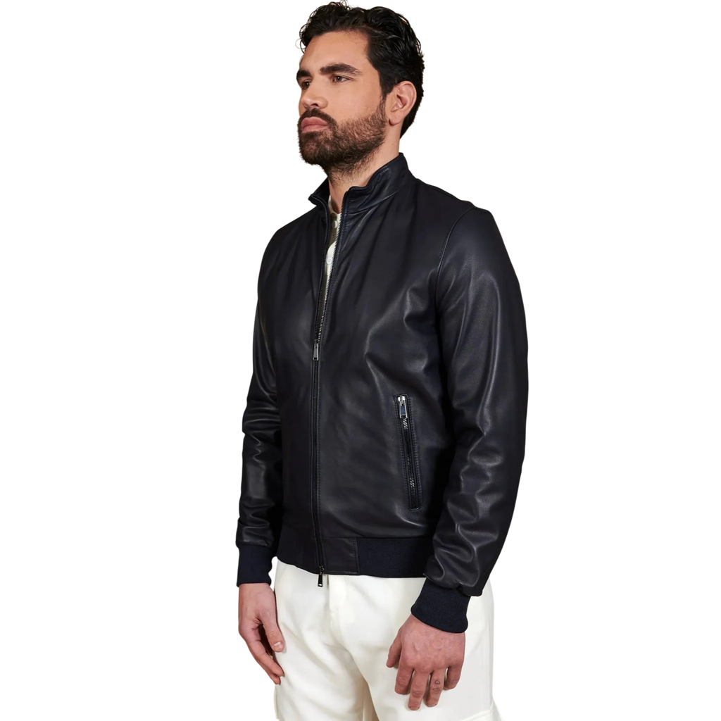 Men’s Blue Leather Bomber Jacket-2