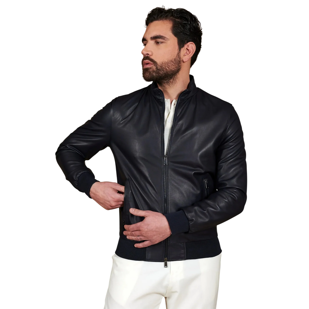 Men’s Blue Leather Bomber Jacket-1