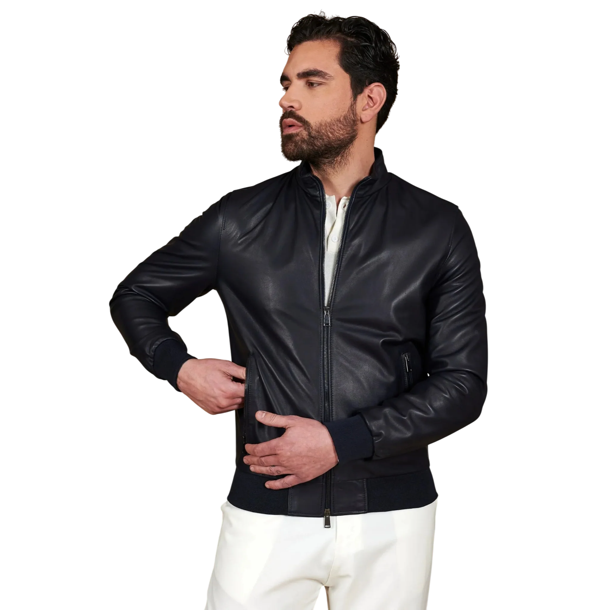 Men’s Blue Leather Bomber Jacket-1