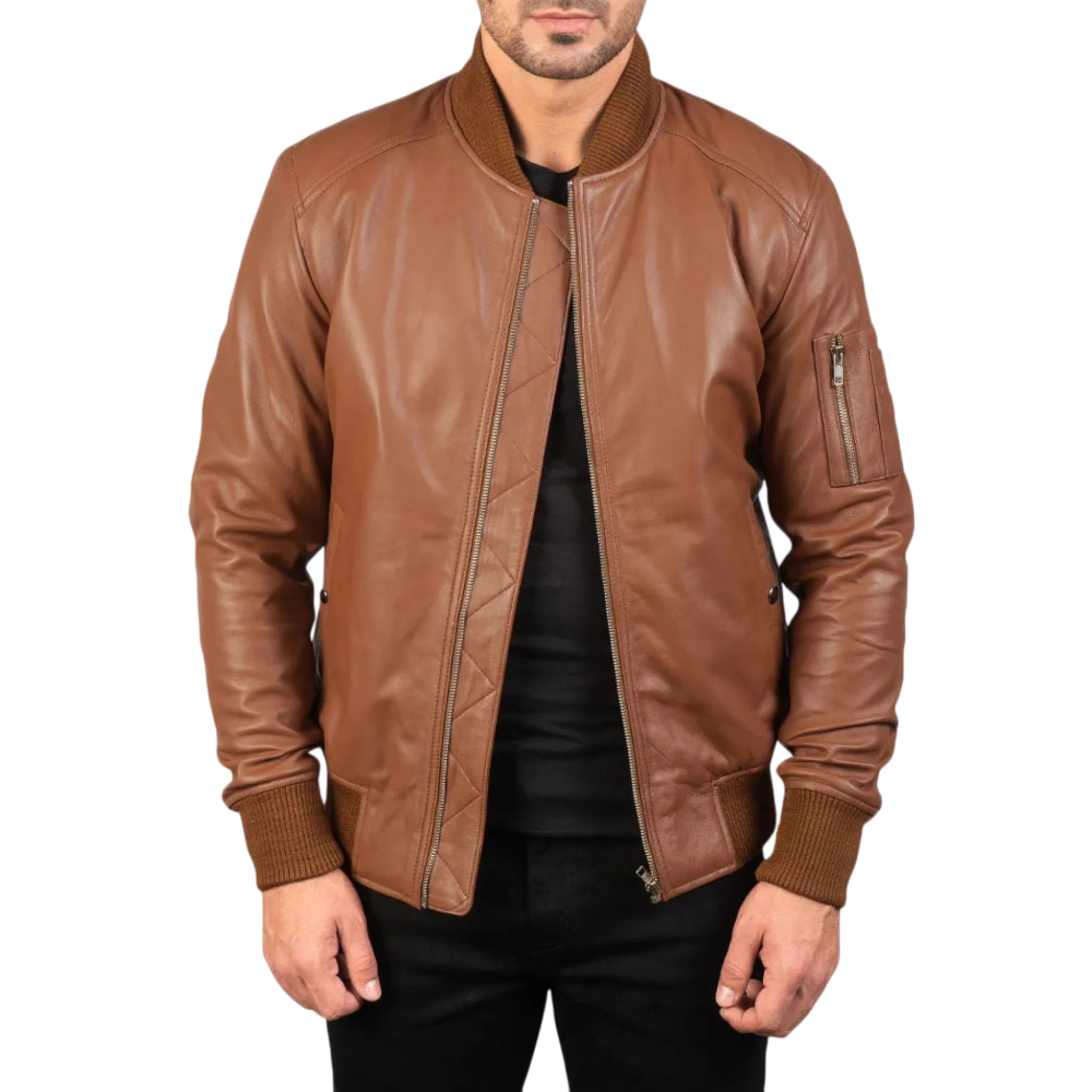 Men’s Brown Leather Bomber Biker Jacket-0