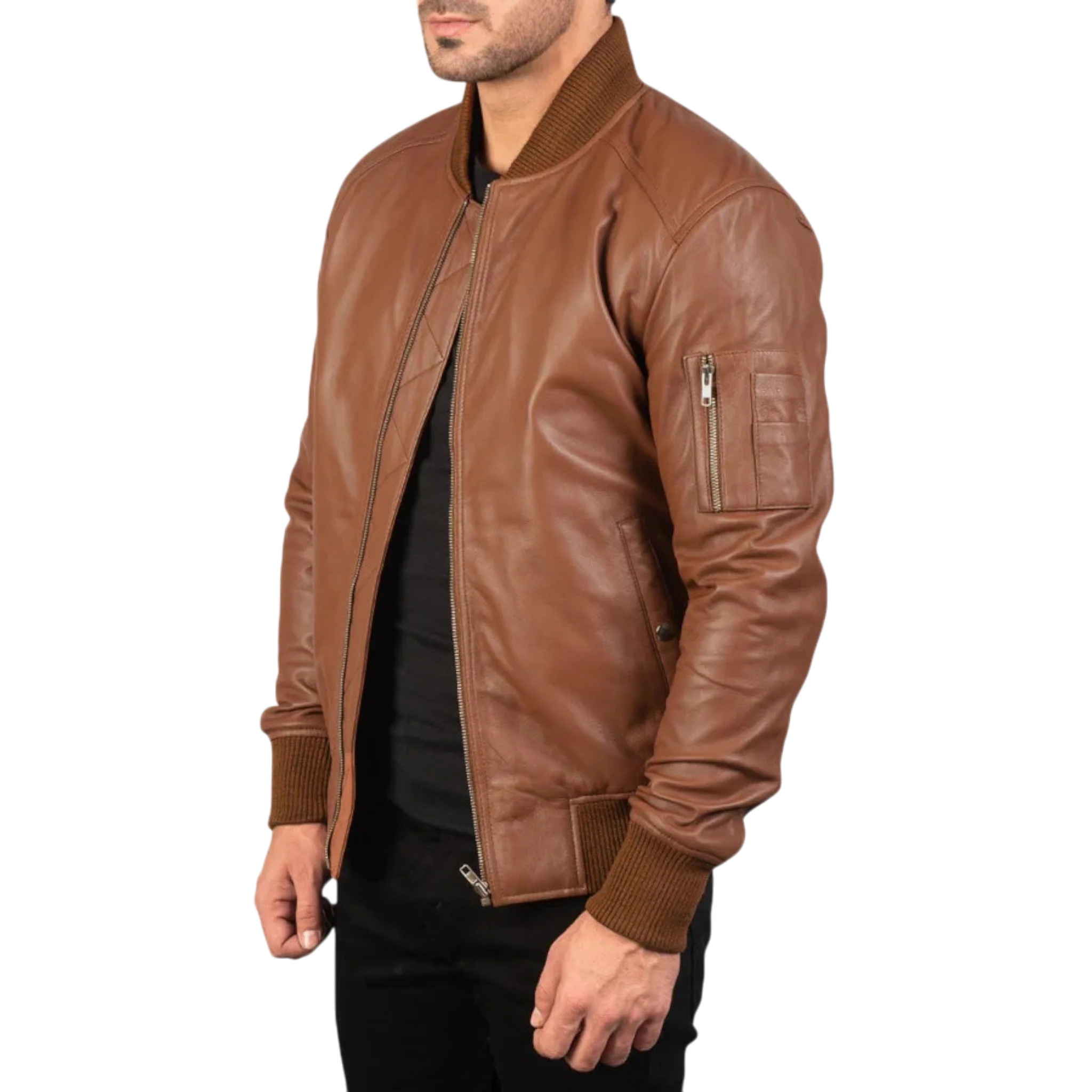 Men’s Brown Leather Bomber Biker Jacket-1