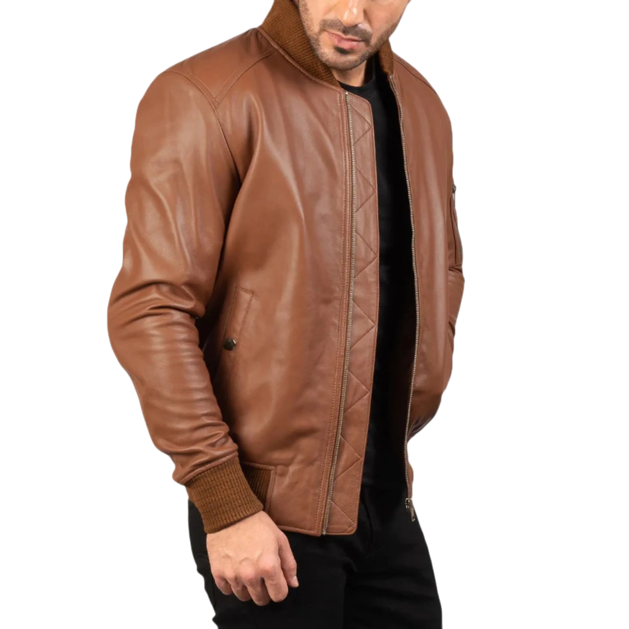 Men’s Brown Leather Bomber Biker Jacket-2