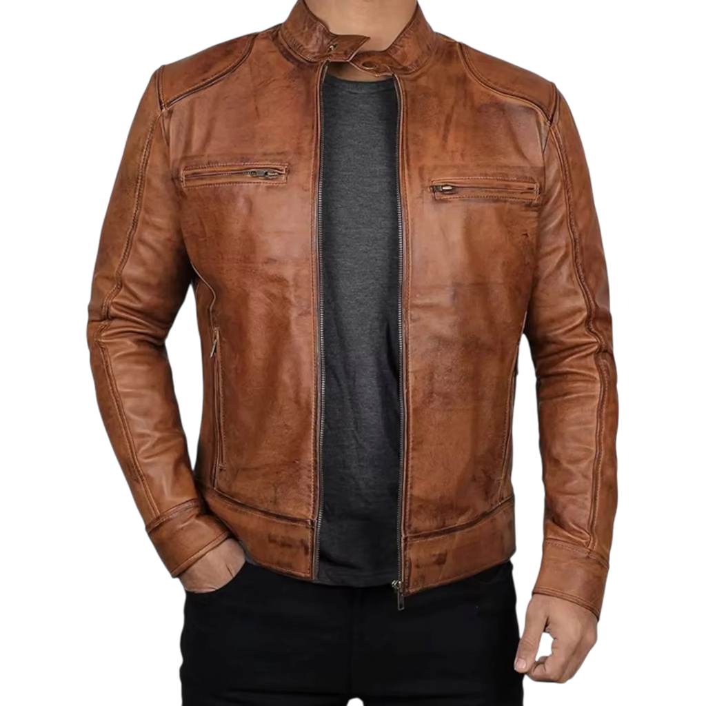 Men’s Tan Brown & Black Fashion Leather Jacket-1