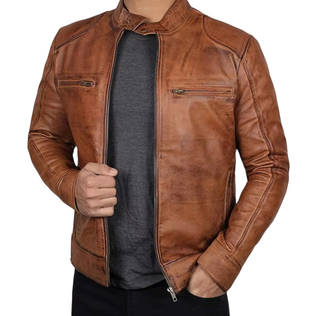 Men’s Tan Brown & Black Fashion Leather Jacket-2