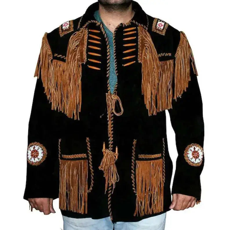 Men's Authentic Western Leather Jacket with Fringes & Beads-0