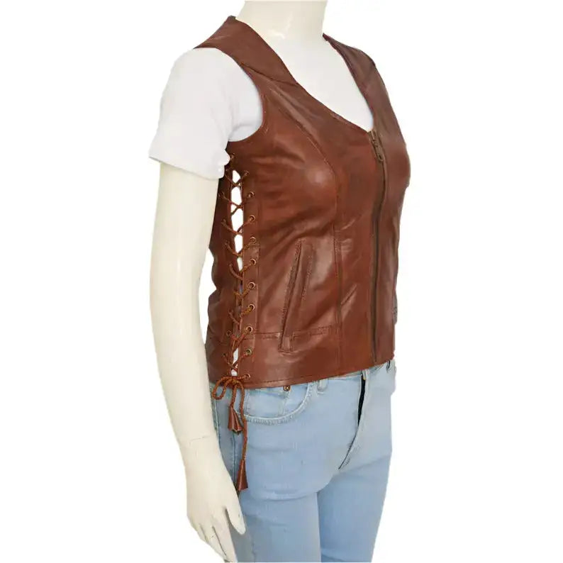 Women's Brown Leather Vest-4