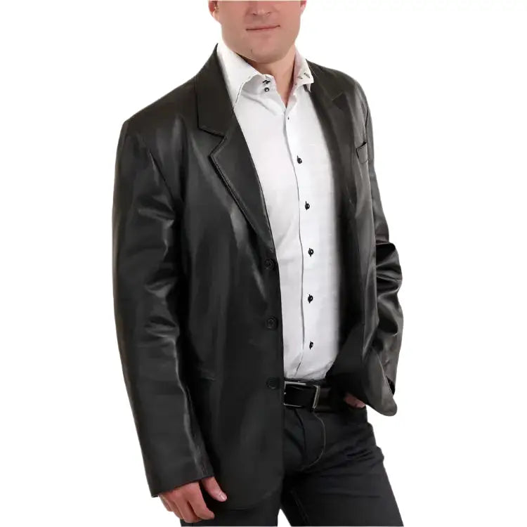 Mens Black Lambskin Leather Blazer Coat-0