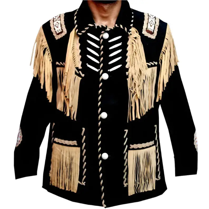 Men's Black Cowboy Western Leather Jacket with Fringes & Beads-0