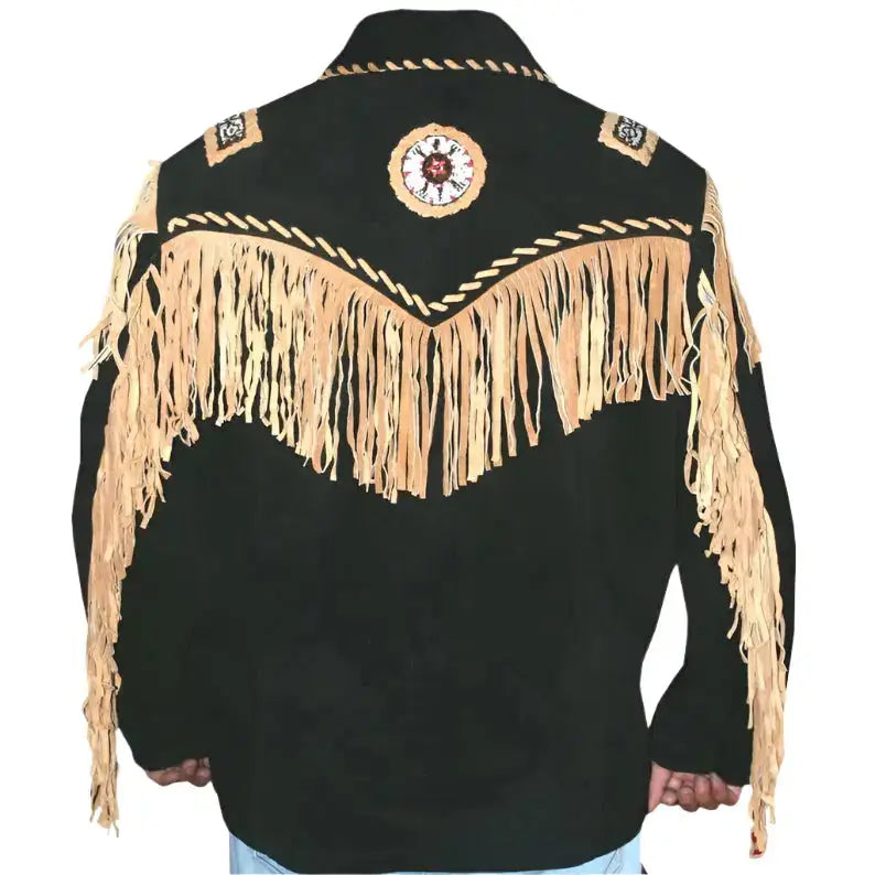 Men's Black Cowboy Western Leather Jacket with Fringes & Beads-1