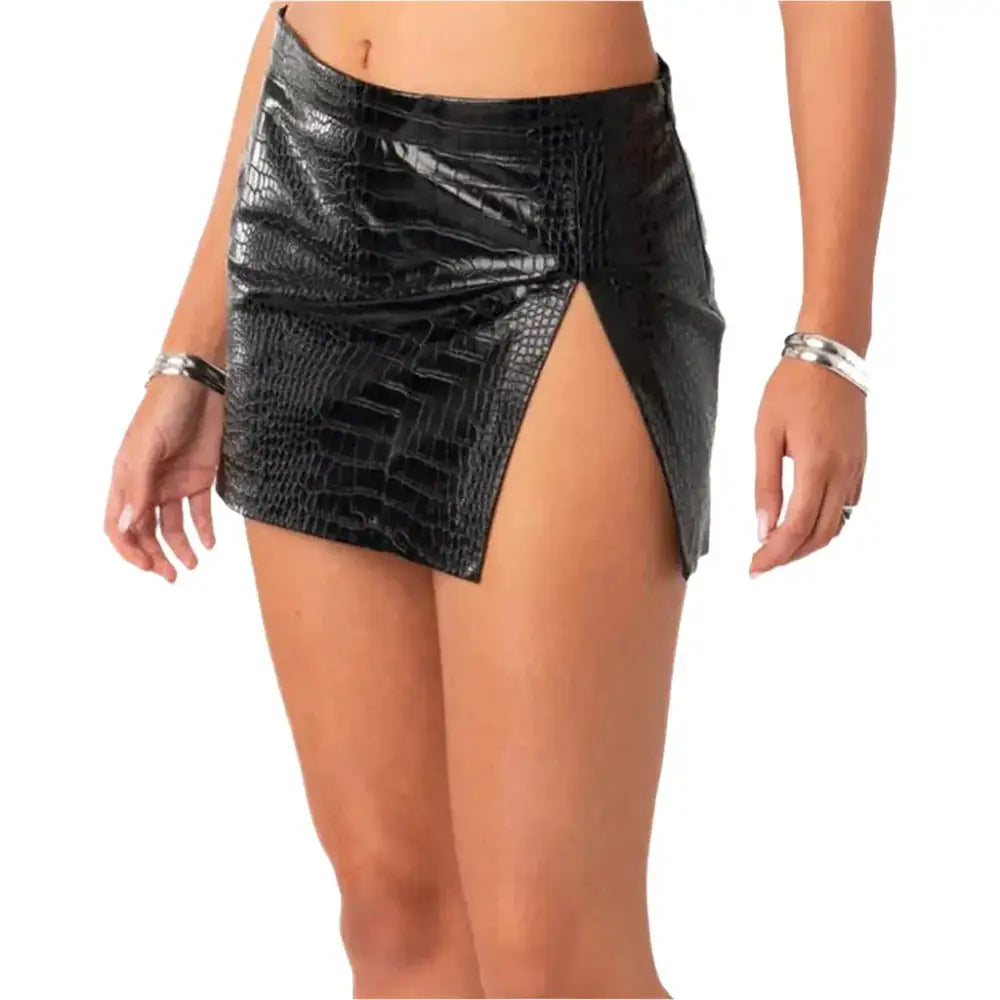 Women’s Black Croc-Embossed Leather Mini Skirt-1
