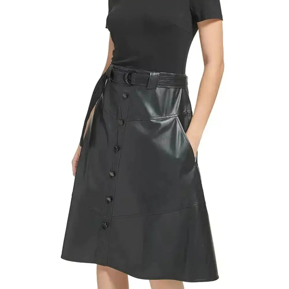 Women’s Black Leather A-Line Skirt-0