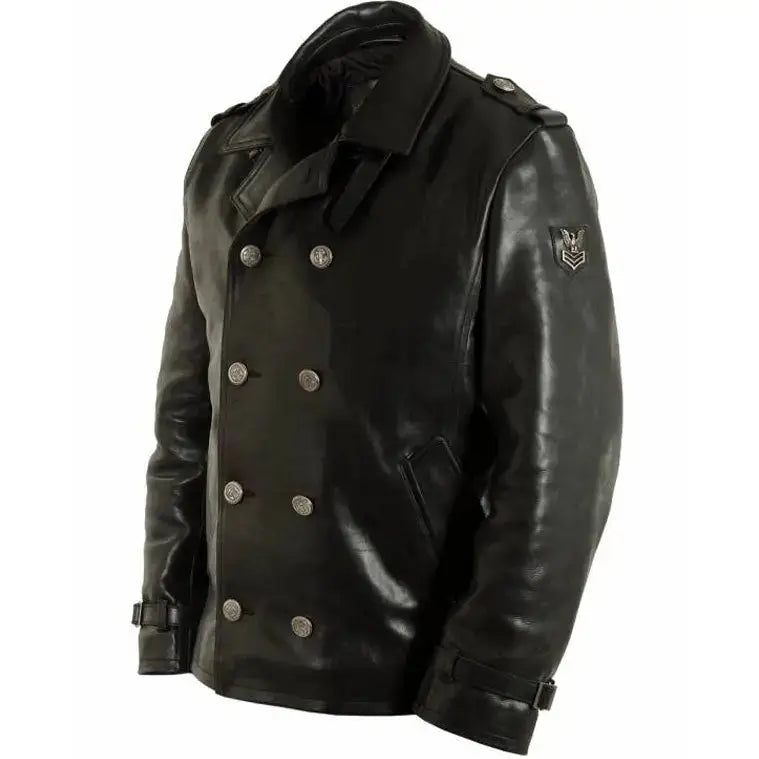 Men's Black Leather Pea Coat-0