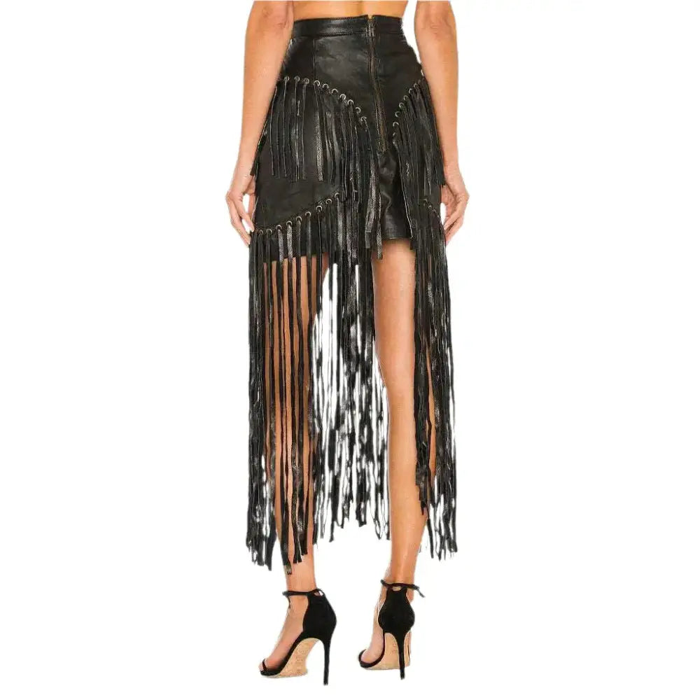 Women’s Black Long Fringe Detailed Leather Skirt-1