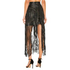 Women’s Black Long Fringe Detailed Leather Skirt-1
