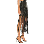 Women’s Black Long Fringe Detailed Leather Skirt-2