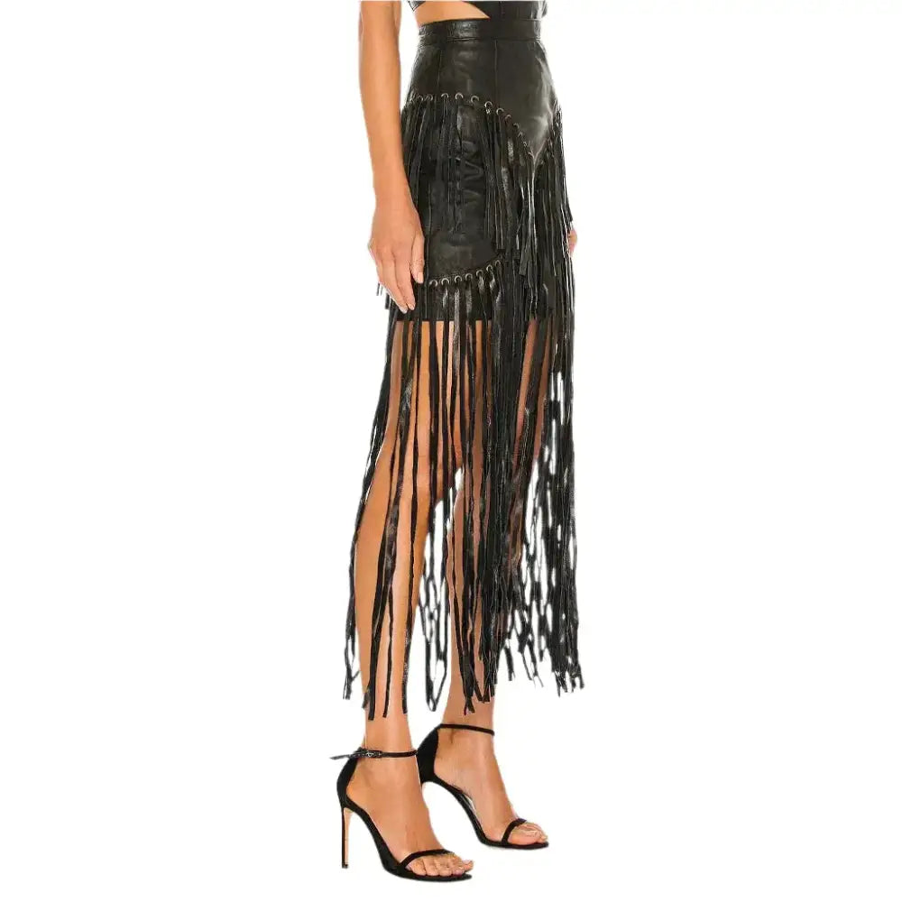 Women’s Black Long Fringe Detailed Leather Skirt-2