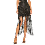 Women’s Black Long Fringe Detailed Leather Skirt-0