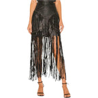 Women’s Black Long Fringe Detailed Leather Skirt-3