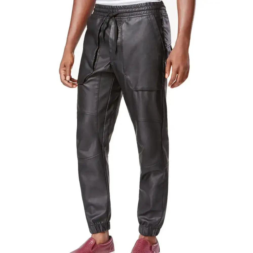Men’s Black Leather Jogger Pants-0