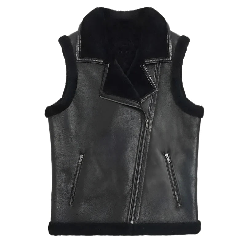Mens Black Shearling Sheepskin Leather Vest-0
