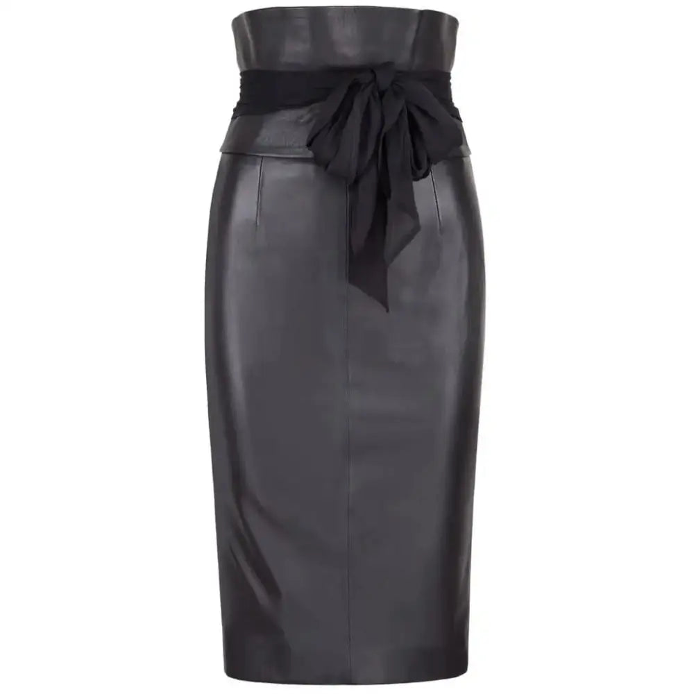 Women’s Black High Waist Leather Pencil Skirt-0