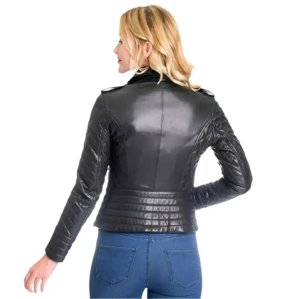 Women’s Black Motorcycle Biker Leather Jacket-1