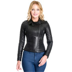 Women’s Black Motorcycle Biker Leather Jacket-0