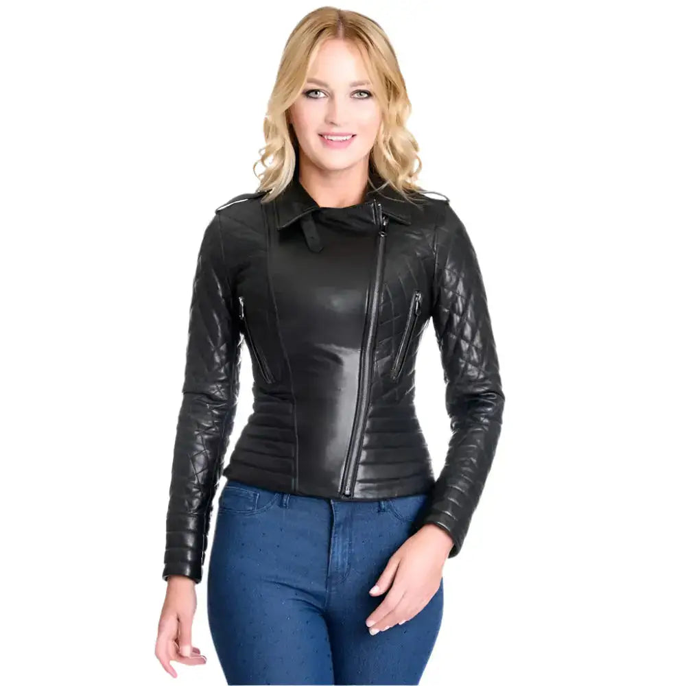 Women’s Black Motorcycle Biker Leather Jacket-0