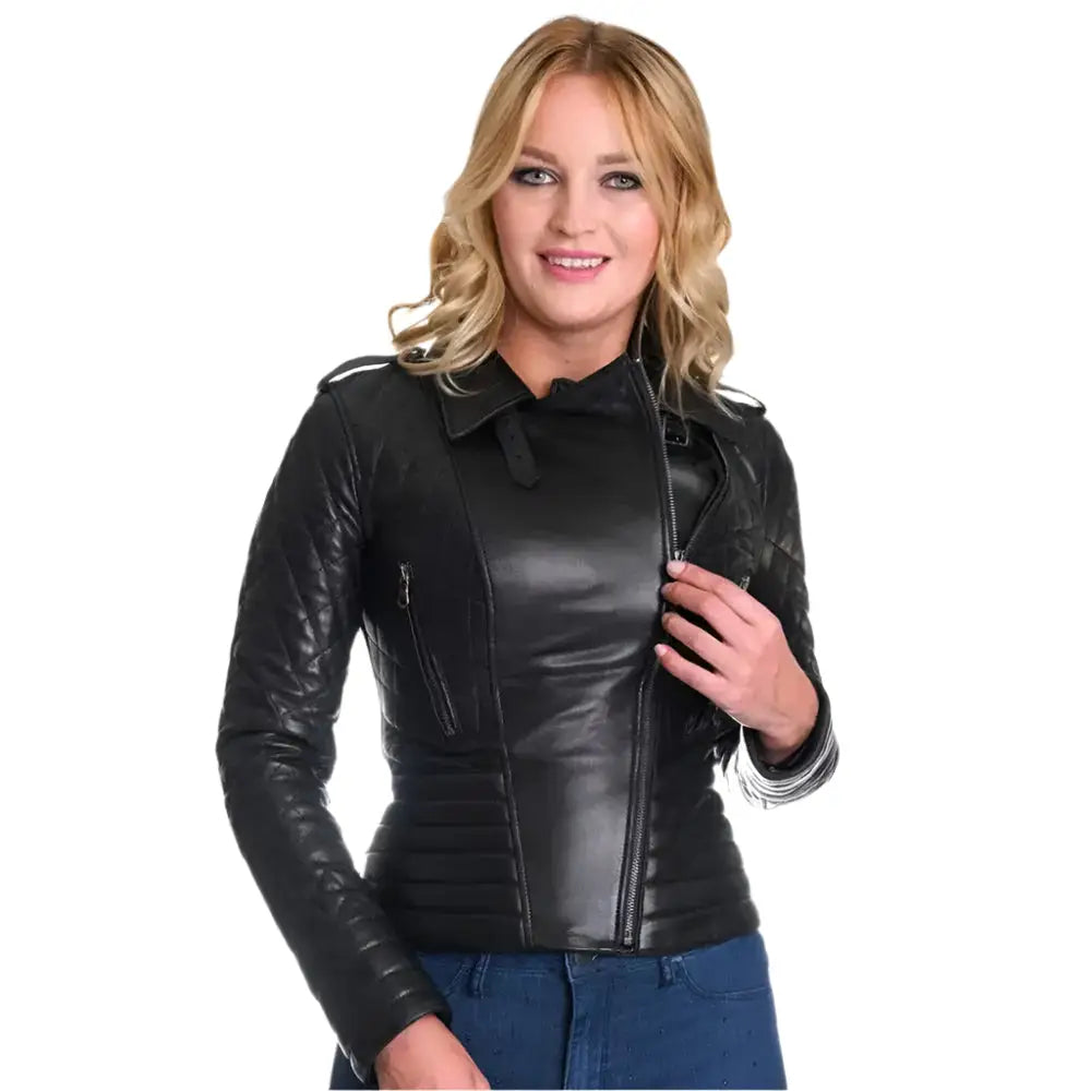 Women’s Black Motorcycle Biker Leather Jacket-4