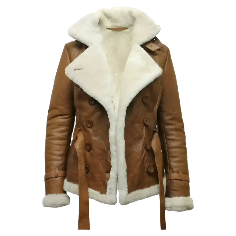 Womens Brown Aviator Shearling Leather Jacket-0