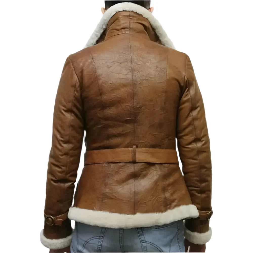 Womens Brown Aviator Shearling Leather Jacket-2