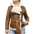 Womens Brown Aviator Shearling Leather Jacket-1