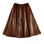 Women’s Brown Real Leather A-Line Flare Midi Skirt-4