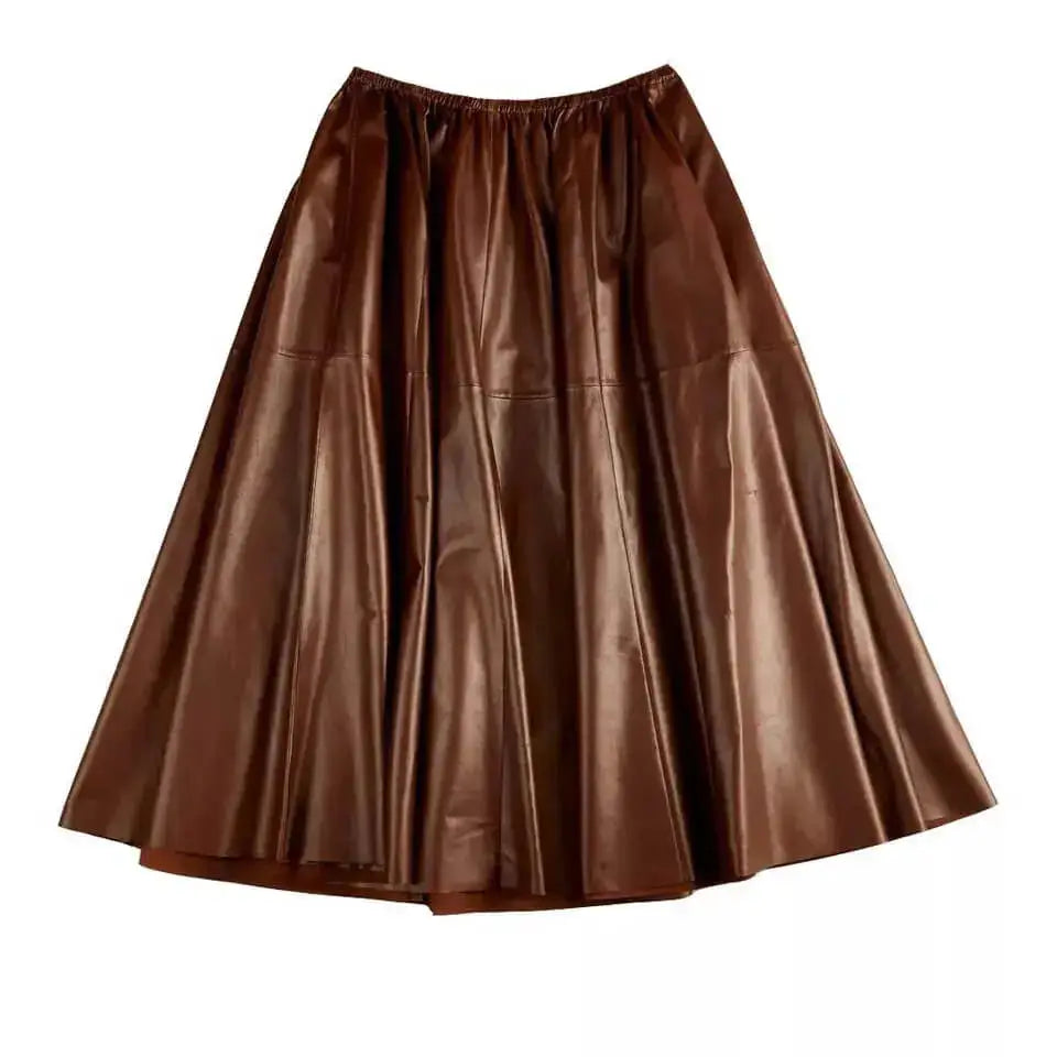 Women’s Brown Real Leather A-Line Flare Midi Skirt-4