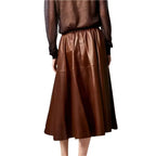 Women’s Brown Real Leather A-Line Flare Midi Skirt-2