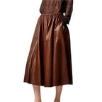 Women’s Brown Real Leather A-Line Flare Midi Skirt-0