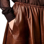 Women’s Brown Real Leather A-Line Flare Midi Skirt-3