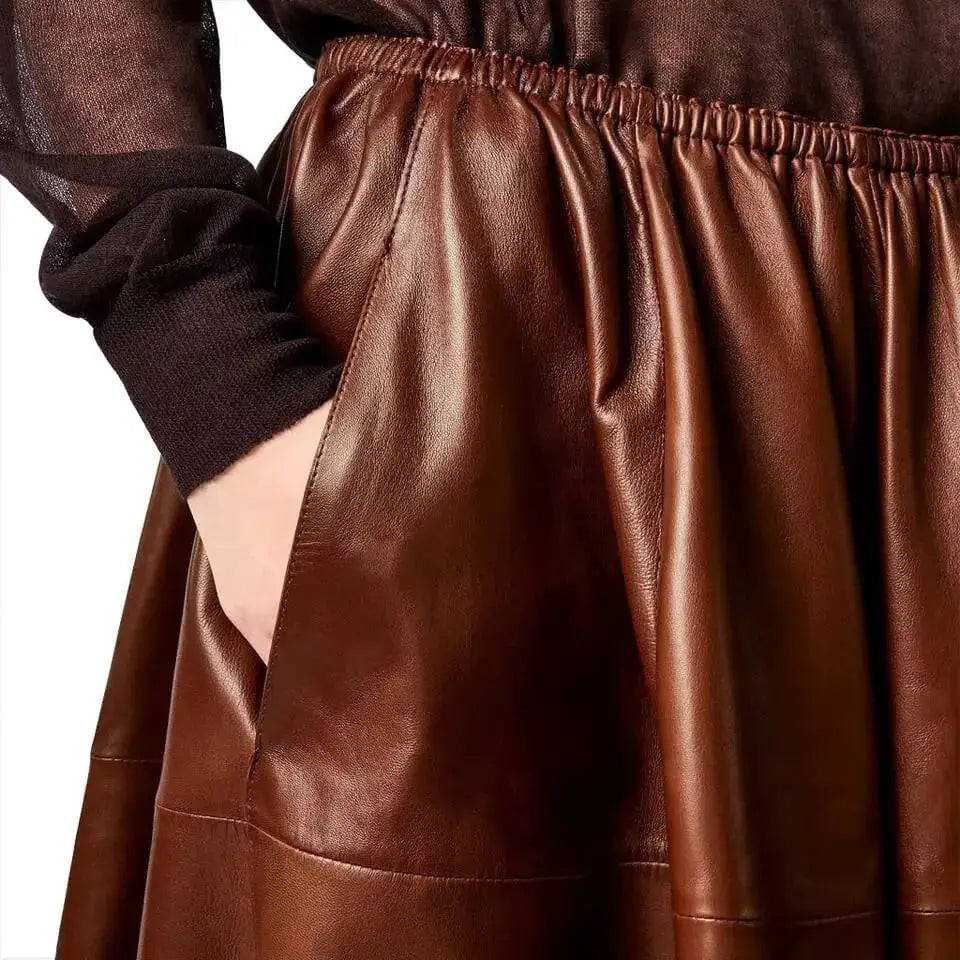 Women’s Brown Real Leather A-Line Flare Midi Skirt-3