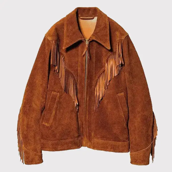 Men's Brown Suede Leather Western Cowboy Fringe Jacket-0
