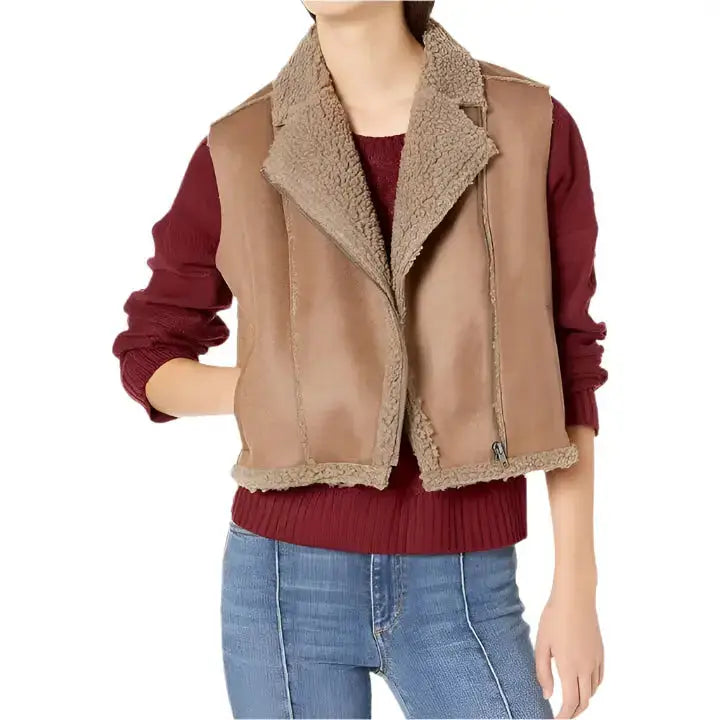 Women’s Brown Shearling Leather Biker Vest-0