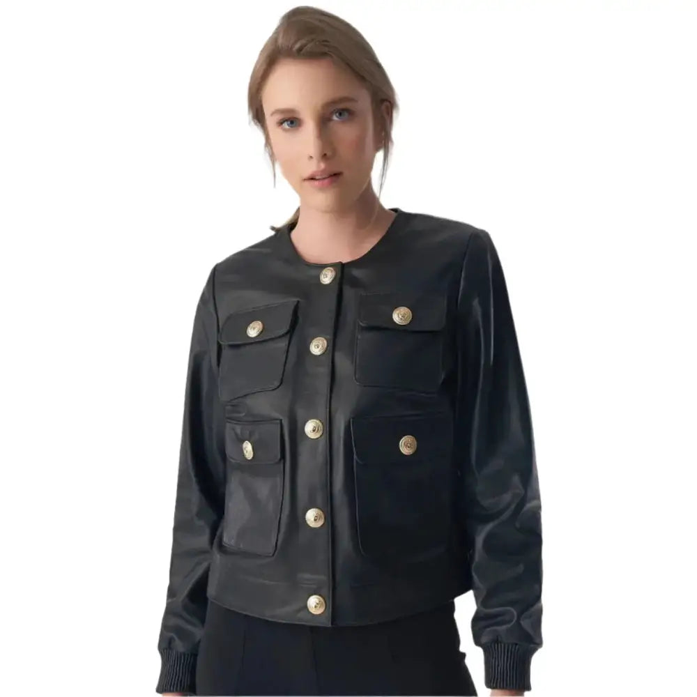 Women’s Chic Studded Black Leather Jacket-0