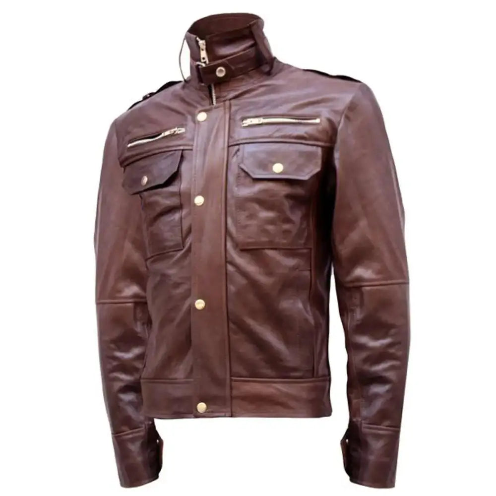 Men’s Chocolate Brown Military Leather Jacket-0
