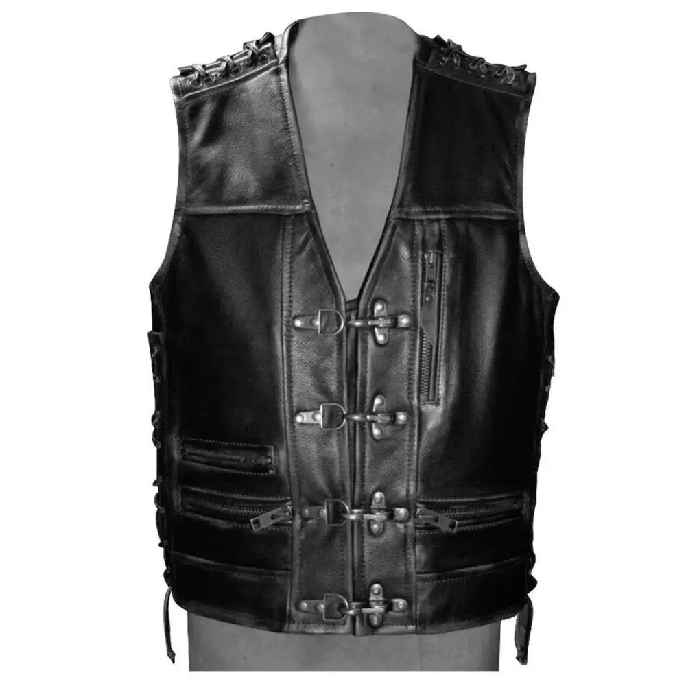 Mens Black Leather Biker Vest-0