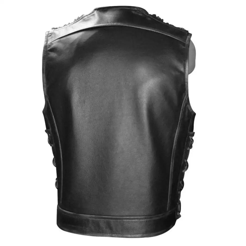 Mens Black Leather Biker Vest-1