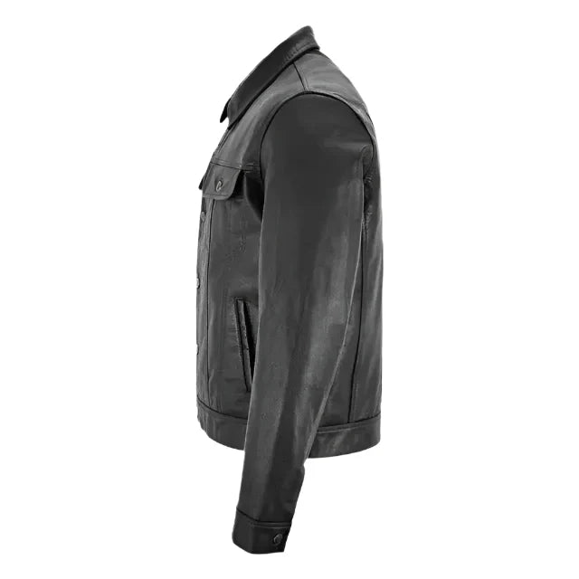 Mens Black Leather Trucker Jacket-2