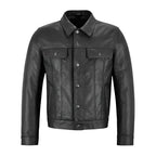 Mens Black Leather Trucker Jacket-0